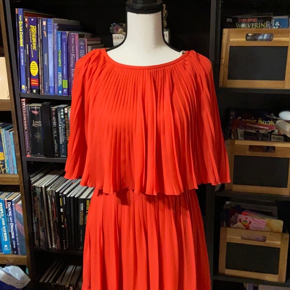 Kate Spade Pleated Persimmon Red Orange Cape Dress - Picture 2 of 6